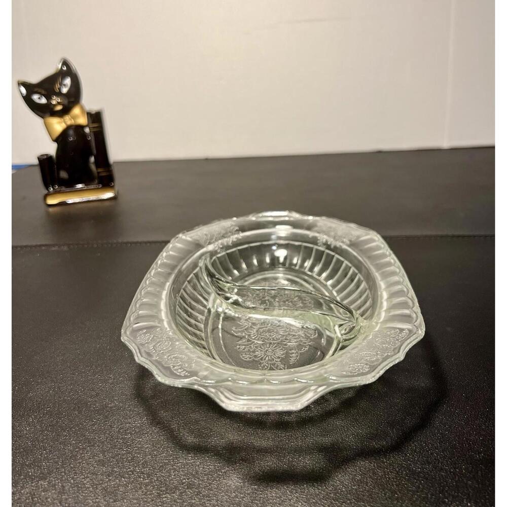 New Martinsville USA 1930s Clear Floral Etched Divided Relish Dish 9x6”